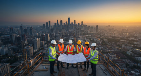 Architects and engineers brainstorming architectural plans atop a skyscraper under the golden hour skyの素材