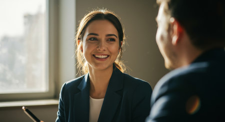 A smiling businesswoman engages in friendly conversation with her colleague at work, showcasing professional interaction and camaraderieの素材