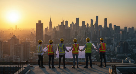 Architects carefully examine a new structure amidst a bustling urban skylineの素材