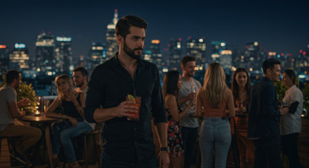A stylish rooftop bar at night, showcasing vibrant nightlife and confident elegance in this candid momentの素材