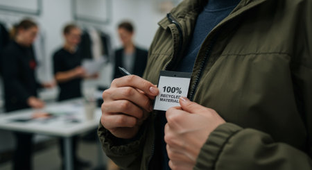 A worker in a recycling facility holds a badge showing they use only recycled materials while others focus on paperwork in the backgroundの素材