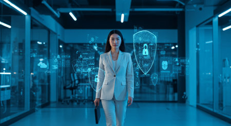 A security expert navigates an advanced, sleek security system in a hightech environmentの素材