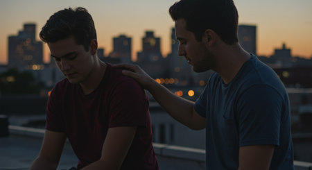 Two men comfort each other under a fading city skyline, offering solace to one another during a challenging timeの素材
