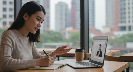 A female professional engages in a virtual meeting with her colleague, collaborating efficiently from their digital workspaceの素材