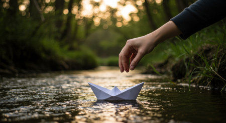 A creative act of imagination and play as someone gently places a paper boat upon the tranquil waters, symbolizing hope and possibility in the stillness of the momentの素材