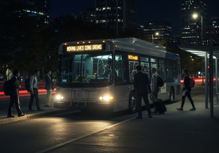 A bustling nighttime city bus stop where passengers eagerly board their journey homeの素材
