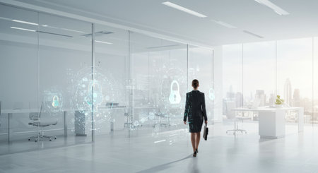A futuristic scene showing a woman navigating an office with holographic security symbols surrounding herの素材