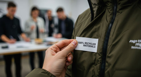 A person wearing a jacket made from 100 recycled materials at an office meeting, emphasizing corporate sustainability effortsの素材
