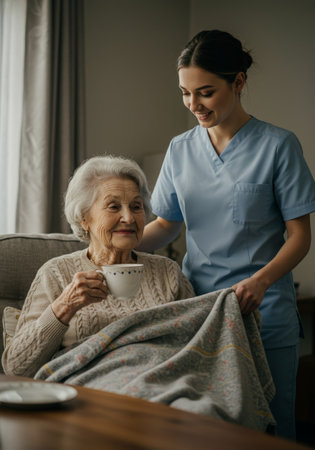 A healthcare worker attentively assists an elderly woman in her care at homeの素材