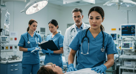 A healthcare team works closely to assist a patient in need, centered on a nurse in scrubsの素材