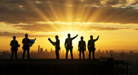 Silhouetted construction workers atop a skyscraper under a serene evening skyの素材
