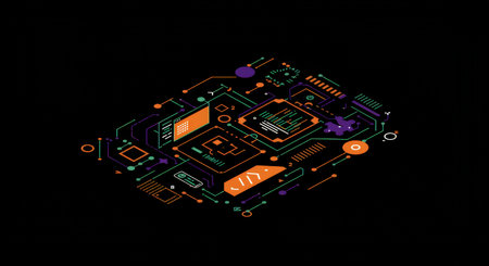 Isometric view of a digital circuit board with integrated circuits, connectors, and microprocessors, highlighting modern technologys intricate designの素材