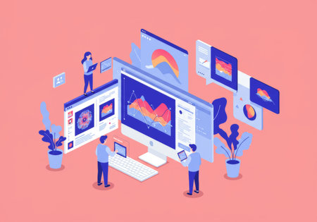 A team of professionals meticulously work on computers, interpreting complex data visualizations in their quest for insightsの素材