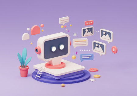 A futuristic robot with interactive digital elements surrounding its sleek designの素材