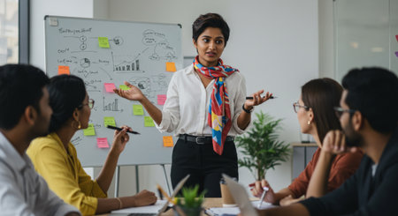 A businesswoman confidently presents data to her team, emphasizing clear communication and professional collaboration in the workplaceの素材