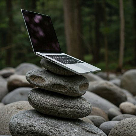 A laptop balances precariously atop three outdoor stones in a serene natural settingの素材