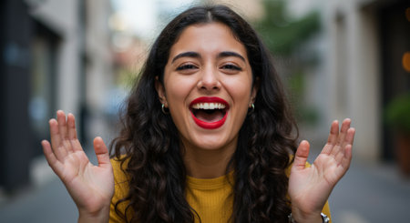 A vibrant portrait of a young woman with joyful expressions and animated hand gestures, capturing her spirited energyの素材