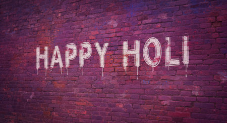 People celebrating the vibrant and colorful Holi festival in India with joyous laughter and bright colors, painting each others faces and walls in vibrant hues under the warm sunの素材