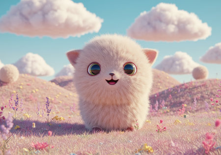 A cute kitten lounges among colorful blooms while floating above them in soft, fluffy cloudsの素材