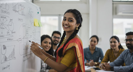Business team huddles around a table, brainstorming with a colorful flowchart as they discuss their financial strategy and map out their plansの素材