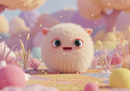 A fluffy, adorable animal with big eyes lounges in a vibrant natural setting, capturing serene beautyの素材