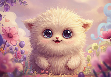 A playful kitten cuddles among blooming flowers in a serene garden settingの素材