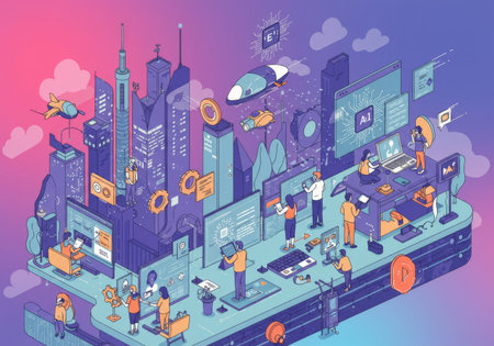 A vibrant, technologically advanced metropolis where humanity harnesses cuttingedge AI to shape a sustainable future, inspiring awe and innovationの素材