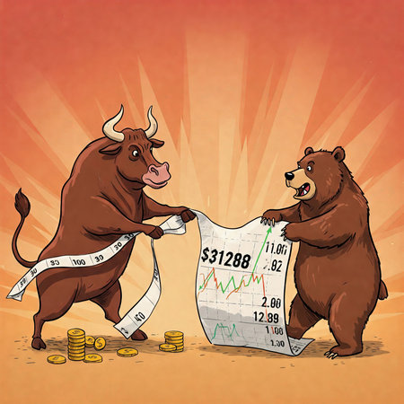 Illustrates market dynamics through bulls upward trend and bears downward trend, complemented by visual representations of financial data in chartsの素材