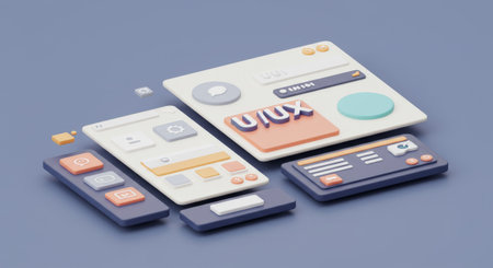 Modern UIUX infographic design in vibrant colors, highlighting key features with clear, impactful visualsの素材