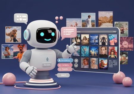 A futuristic digital interface showcasing an array of media options including movies and TV shows powered by AI technologyの素材