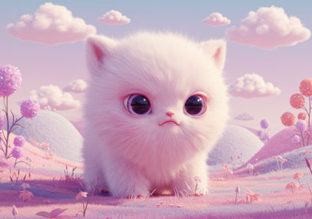 A serene scene of a fluffy white cat lounging in a meadow under pink skies and clouds, surrounded by blooming pink flowersの素材