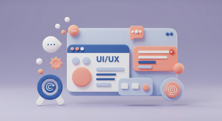 A vibrant UIUX design interface showcasing icons for copyright protection, user feedback, settings, security, gearup, communication, play, progress, and more, in soothing hues of bの素材