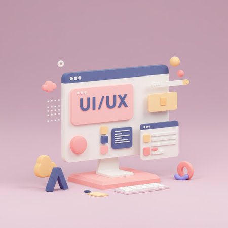 A vibrant display of user interface and experience design elements in an array, set against a soft pink backdropの素材