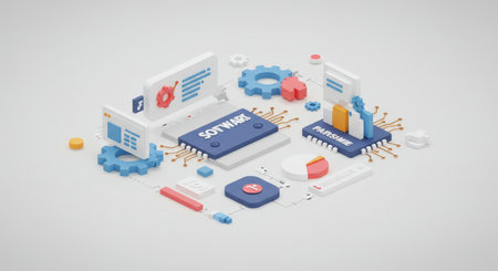 A digital workspace illustration showcasing software, hardware, data analysis, information management, and business strategy, presenting complex technical concepts through an infogの素材
