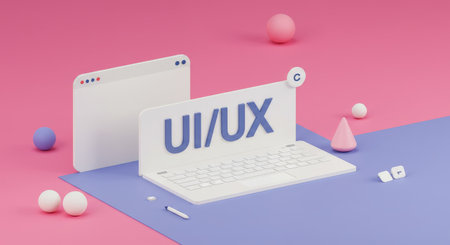 A sleek laptop screen displaying UIUX design concepts amidst vibrant digital art and futuristic gadgetsの素材