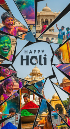 People in vibrant outfits dance and throw colorful powders during the annual celebration of Holi, the Festival of Colorsの素材