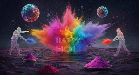 People celebrate Holi with vibrant colors and joyous atmosphere in this festive sceneの素材