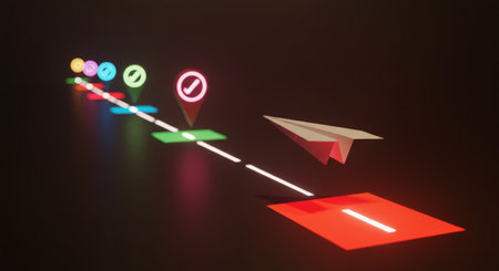 A colorful platform leads to a paper airplane, with markers indicating paths and restrictions, enhancing user guidance through clear visual cuesの素材