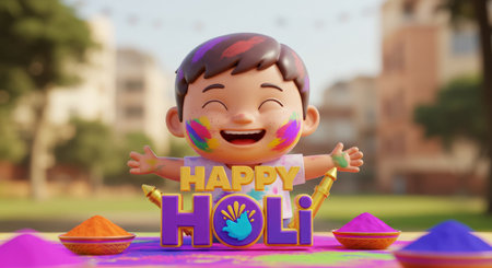 A vibrant Holi scene featuring a young celebrator splashing brightly colored powders across their skin while a festive banner reads Happy Holi The cheerful tableau includes tablesの素材