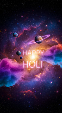 A beautiful depiction of stars, planets, and a festive Holi celebration through vibrant colors and neon letters, symbolizing the joyous spirit of the Indian festivalの素材