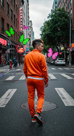 A serene scene of a man strolling through city streets while butterflies flutter around, captured in vibrant colors against the backdrop of towering structuresの素材