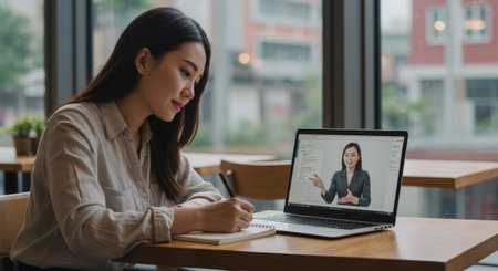 An adult woman is engrossed in an online video, actively taking notes on her laptop screen, demonstrating focused learning or work activityの素材