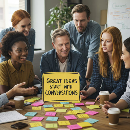 A group of professionals collaborating in a creative brainstorming session around a table, exchanging thoughts and jotting down ideas while enjoying takeaway coffeeの素材