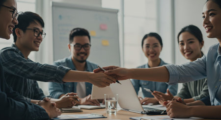 A diverse group of professionals collaborate and brainstorm ideas during an engaging teambuilding workshop, emphasizing the importance of effective communication and mutual respectの素材