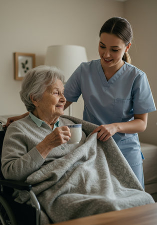 A nurse comforts an elderly woman with warmth and comfort, offering her a cup of steaming tea and a soft blanketの素材