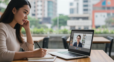 A professional Asian woman engages in a video conference, symbolizing modern work practices emphasizing flexibility and global connectivity, blending traditional attire and hairstyの素材