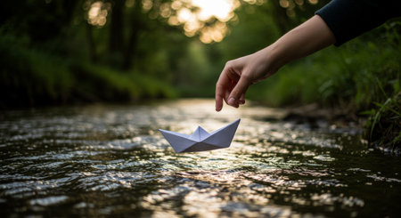 A delicate paper boat floats gracefully in a serene forested lake as one hand gently releases it into the calm waters belowの素材
