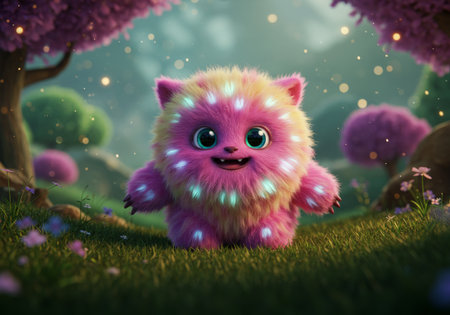 A magical fox with glowing fur stands amidst a lush green meadow, its presence casting a warm glow over an enchanted landscape of pink blossoms and verdant treesの素材