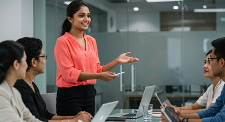 A group of professionals discuss business strategies at an office meetingの素材