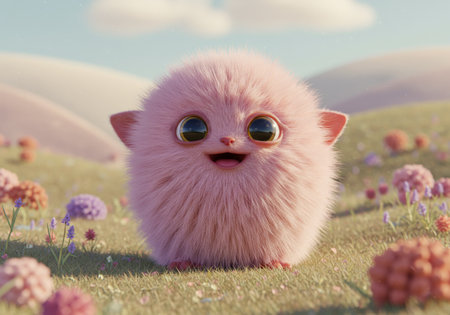 A cute, fluffy creature with big eyes and a broad grin lounges among colorful blooms atop a green hillsideの素材